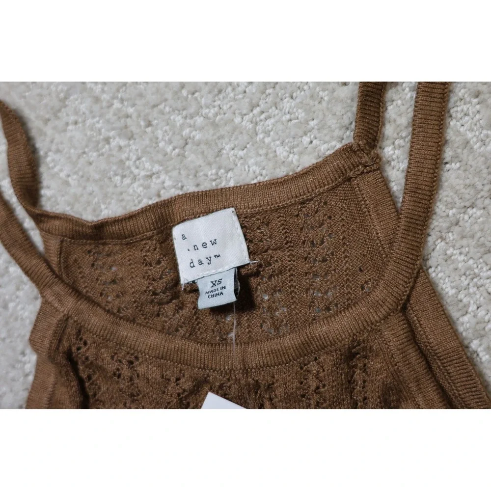 A New Day Brown Crochet High Neck Tank Top XS Pointelle Knit Camisole